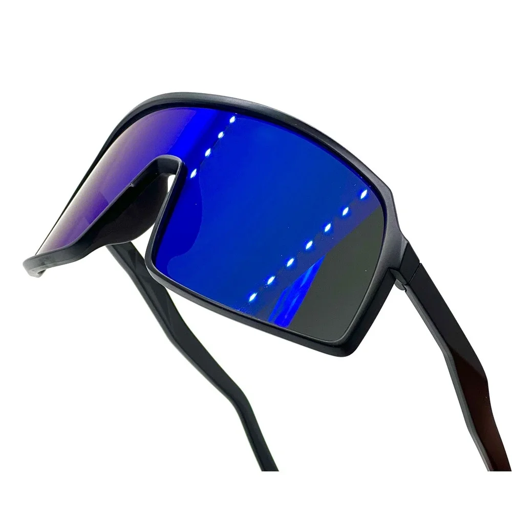 Men Sunglasses Blue Mirror Lens‎ Black Frame Shield Style